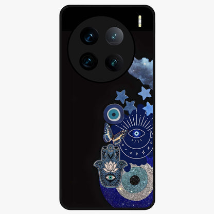 Galactic Charm Cluster Glass Case showing flat back view with glowing celestial charm artwork and glossy glass finish.