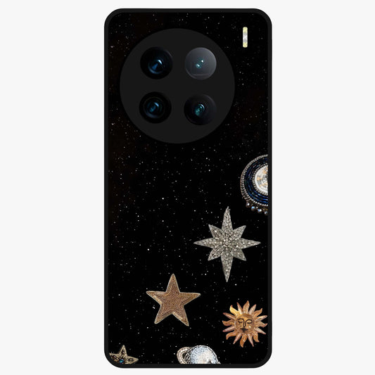 Galactic Charm Glow Glass Case showing flat back view with glowing celestial charm artwork and glossy glass finish.