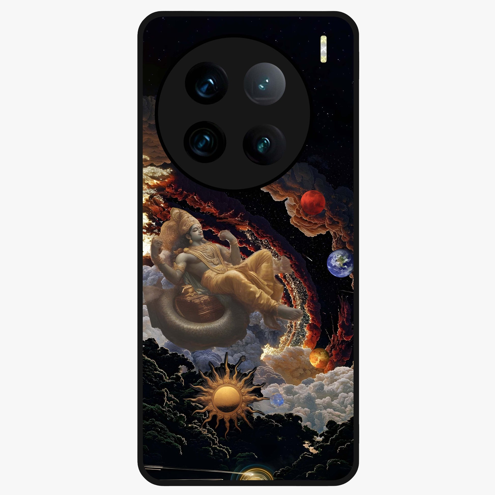 Galactic Divine God Glass Case showing flat back view with divine cosmic themed artwork and glossy glass finish.