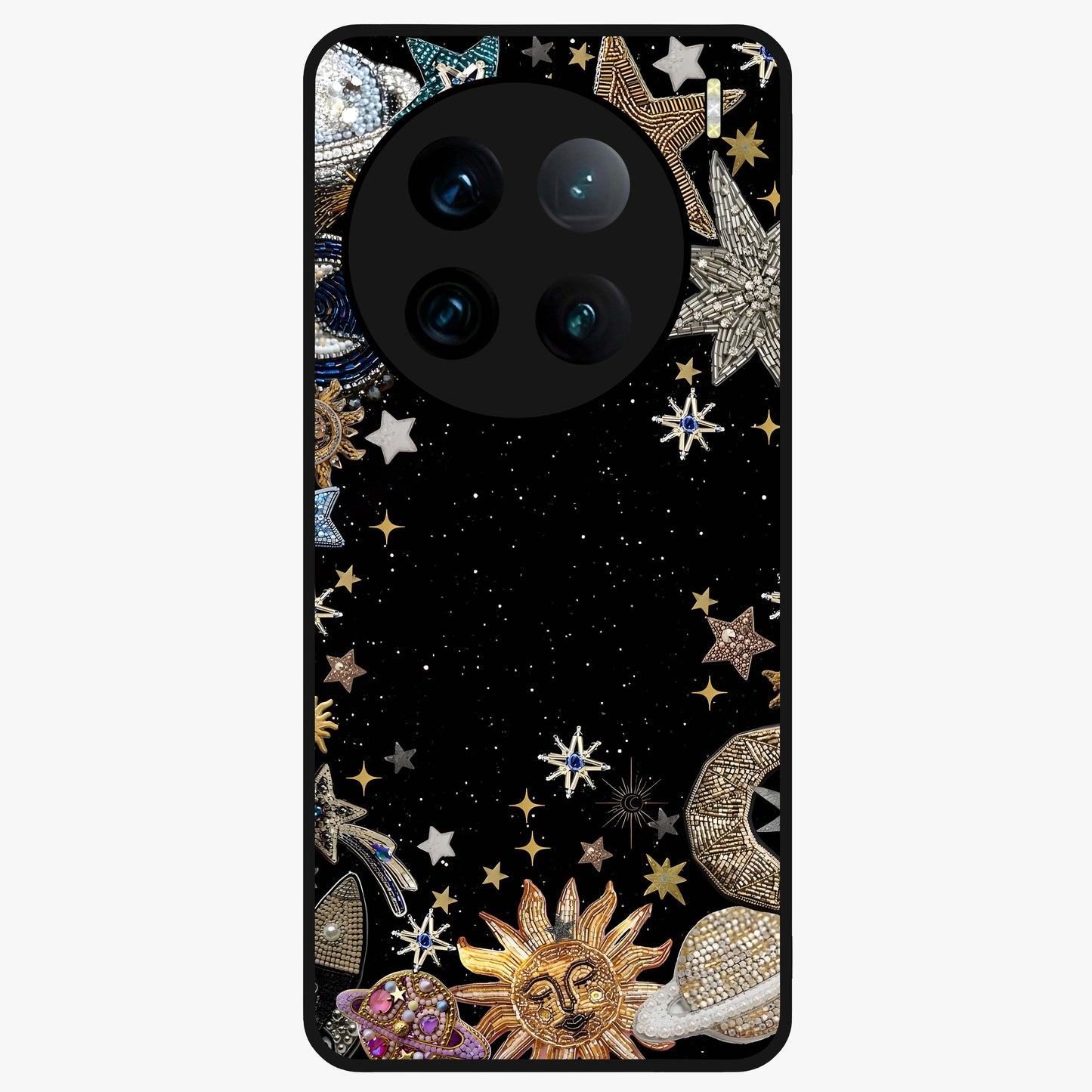 Galactic Jewel Stars Glass Case showing flat back view with sparkling star jewel artwork and glossy glass finish.