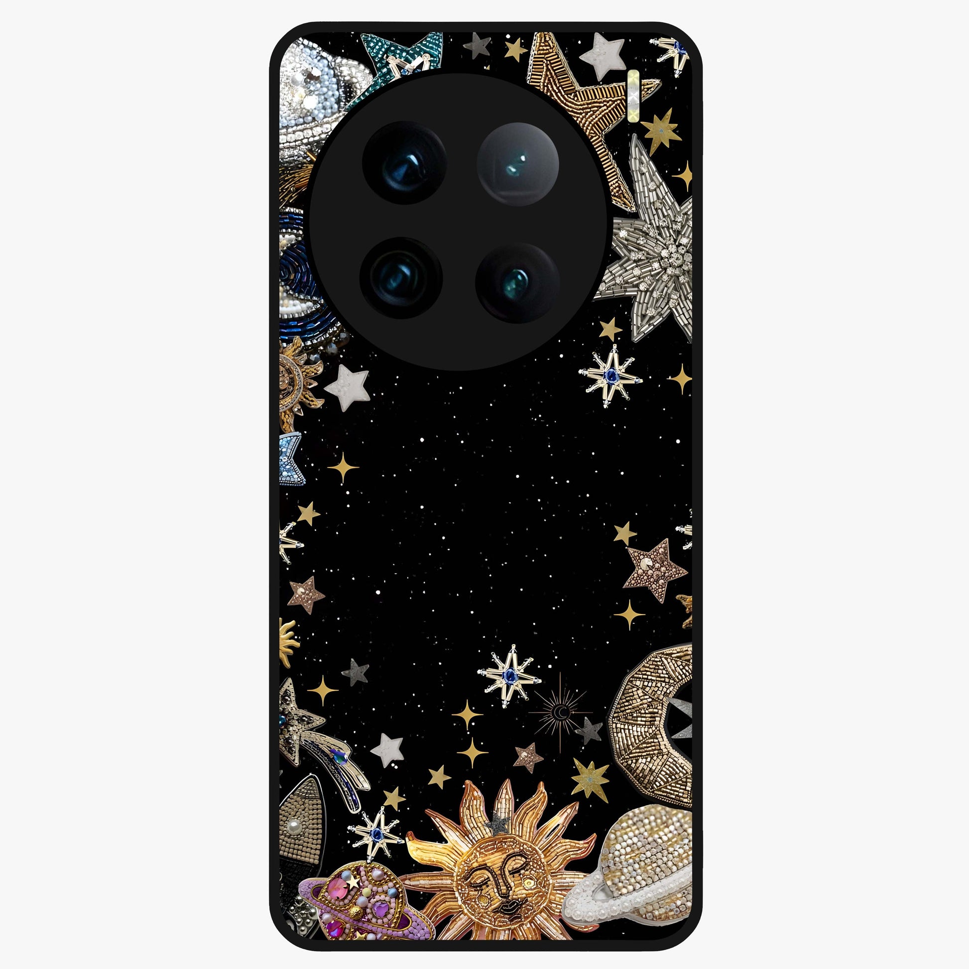 Galactic Jewel Stars Glass Case showing flat back view with sparkling star jewel artwork and glossy glass finish.