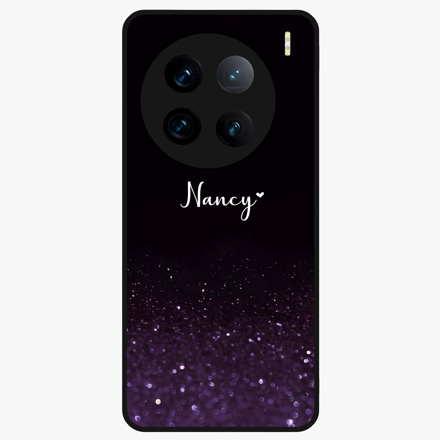 Glittery Purple Bokeh Custom Name Glass Case showing flat back view with purple bokeh sparkle artwork and personalized name design.