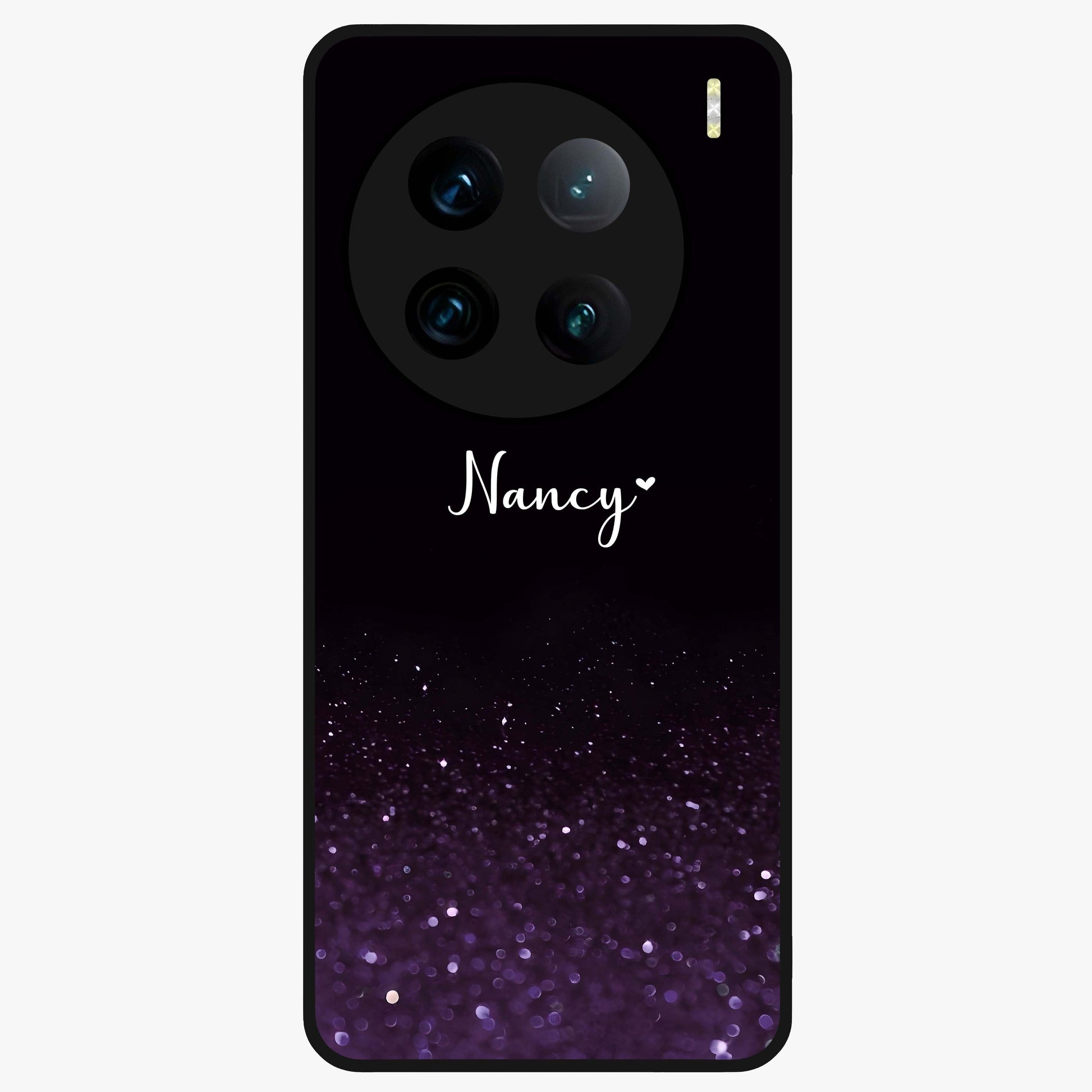 Glittery Purple Bokeh Custom Name Glass Case showing flat back view with purple bokeh sparkle artwork and personalized name design.