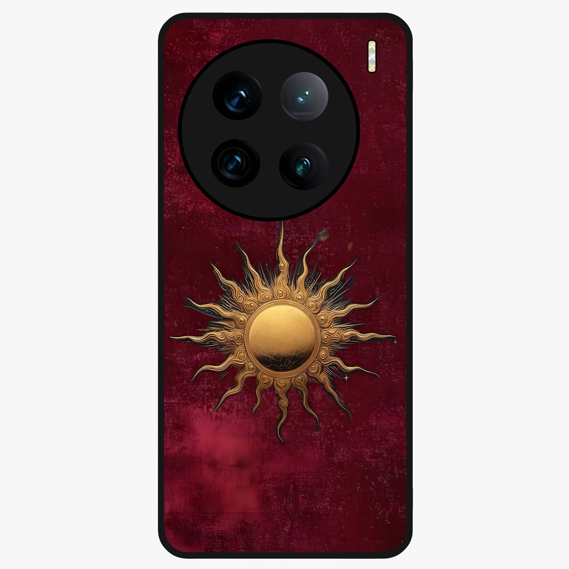 Gold Sun Blush Glass Case showing flat back view with golden sun inspired artwork and glossy glass finish.