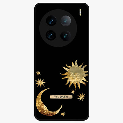 Golden Celestial Charm Glass Case showing flat back view with golden celestial charm artwork and glossy glass finish.