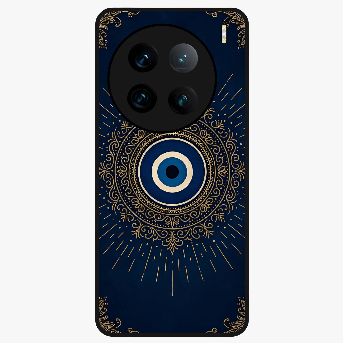 Golden Evil Eye Mandala Glass Case showing flat back view with intricate evil eye mandala artwork and glossy glass finish.
