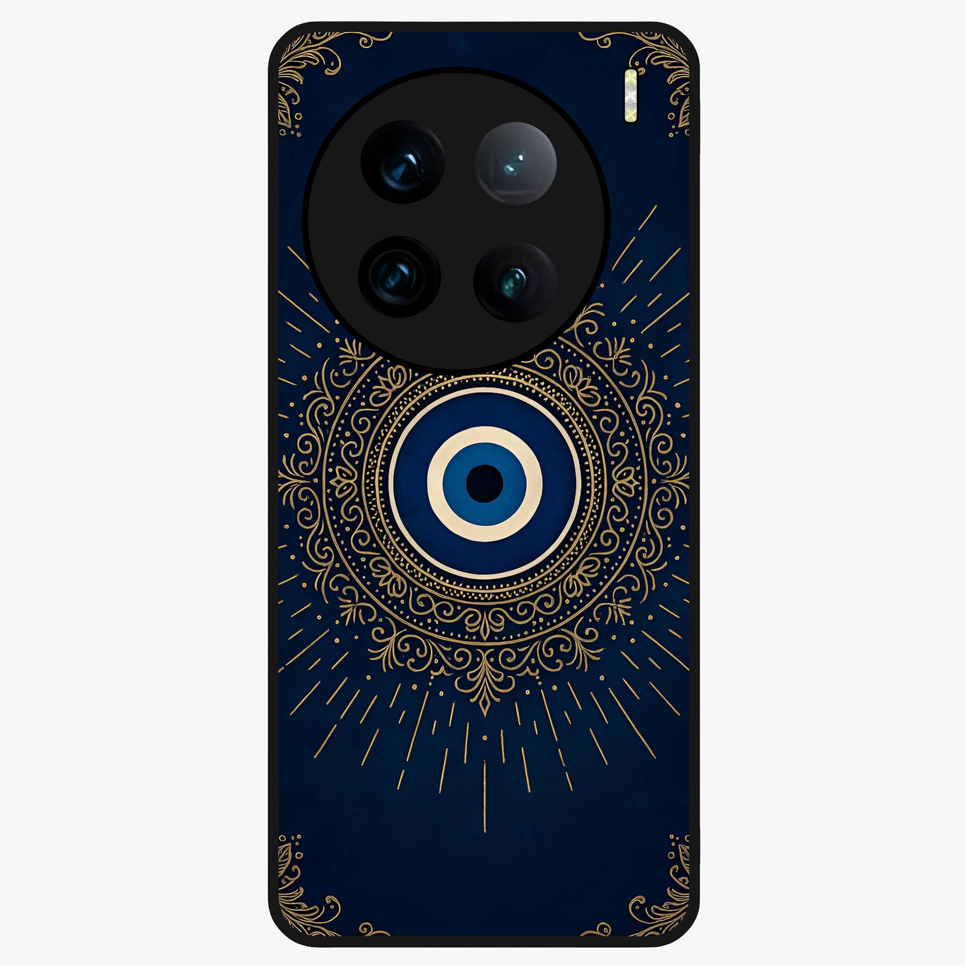 Golden Evil Eye Mandala Glass Case showing flat back view with intricate evil eye mandala artwork and glossy glass finish.