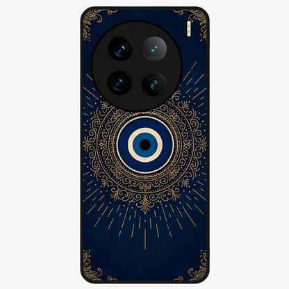 Golden Evil Eye Mandala Glass Case showing flat back view with intricate evil eye mandala artwork and glossy glass finish.