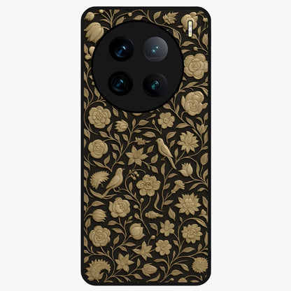Golden Floral Majesty Glass Case showing flat back view with luxurious golden floral artwork and glossy glass finish.