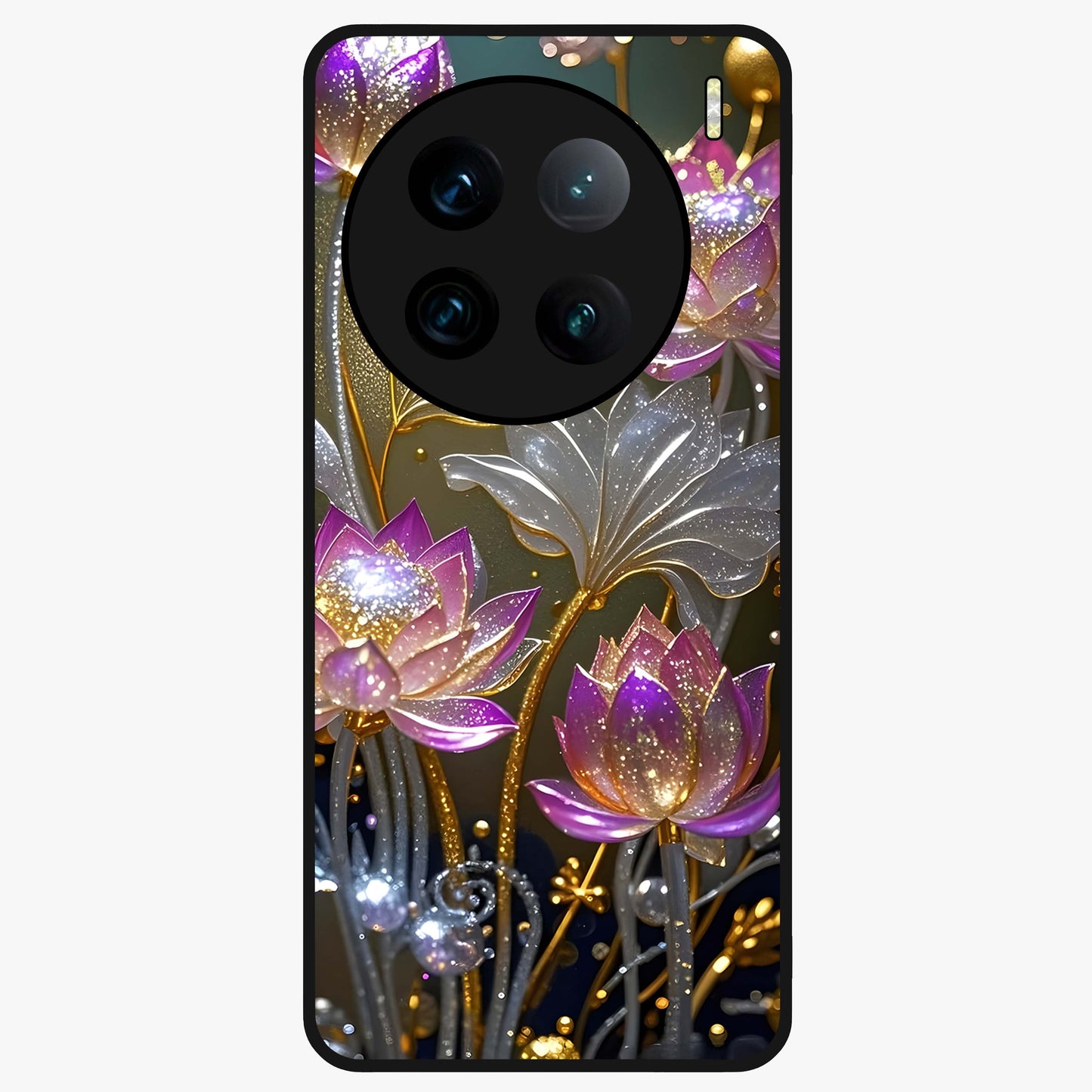 Golden Lotus Glow Glass Case showing flat back view with glowing lotus flower artwork and glossy glass finish.