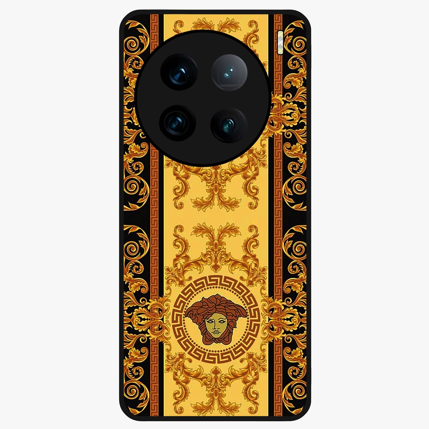 Golden Royal Heritage Glass Case showing flat back view with ornate royal pattern artwork and glossy glass finish.