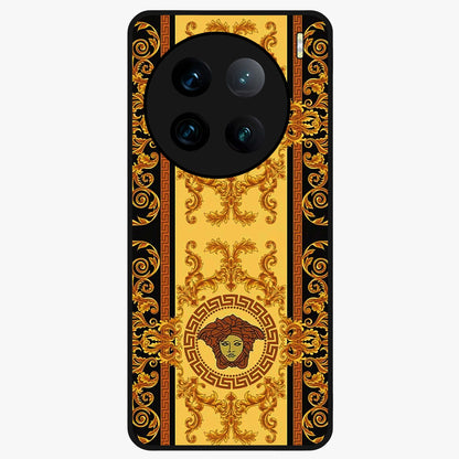 Golden Royal Heritage Glass Case showing flat back view with ornate royal pattern artwork and glossy glass finish.