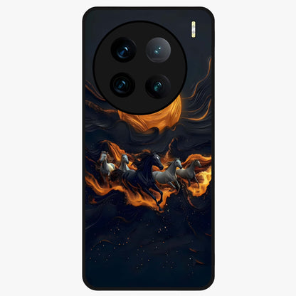 Golden Stallion Moonride Glass Case showing flat back view with majestic horse under moonlight artwork and glossy glass finish.