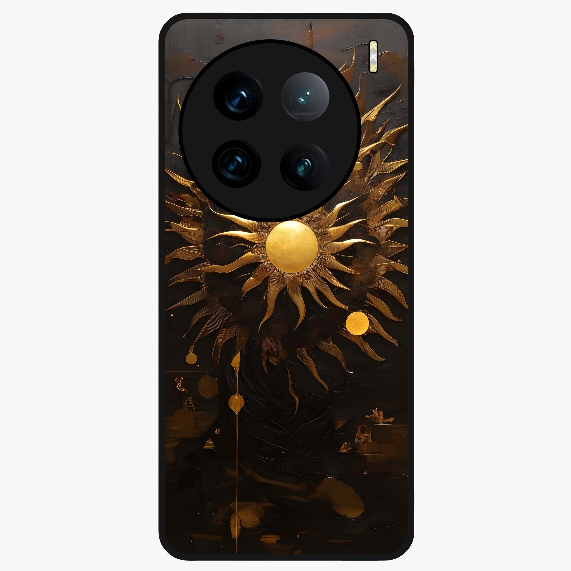 Golden Sun Majesty Glass Case showing flat back view with radiant golden sun artwork and glossy glass finish.