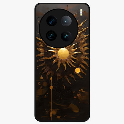 Golden Sun Majesty Glass Case showing flat back view with radiant golden sun artwork and glossy glass finish.