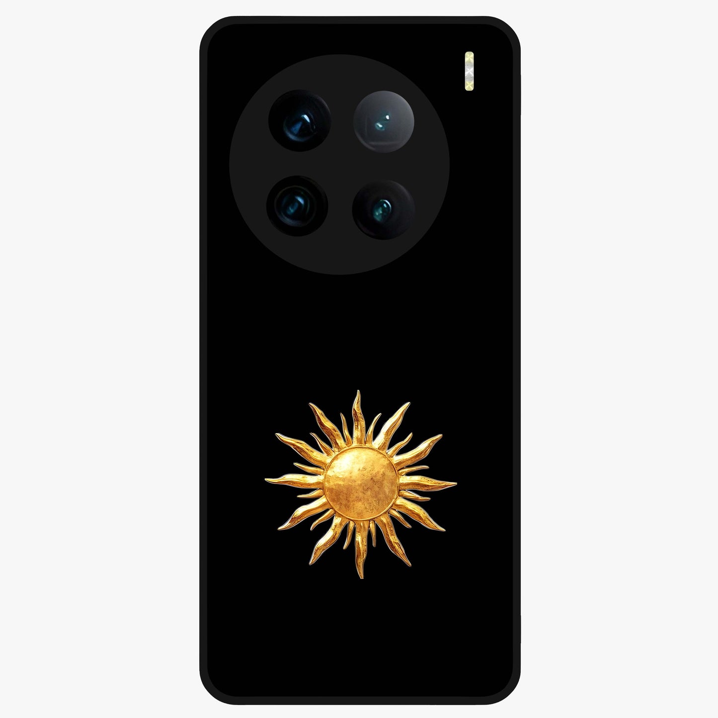 Golden Sun Minimalism Glass Case showing flat back view with minimal golden sun artwork and glossy glass finish.
