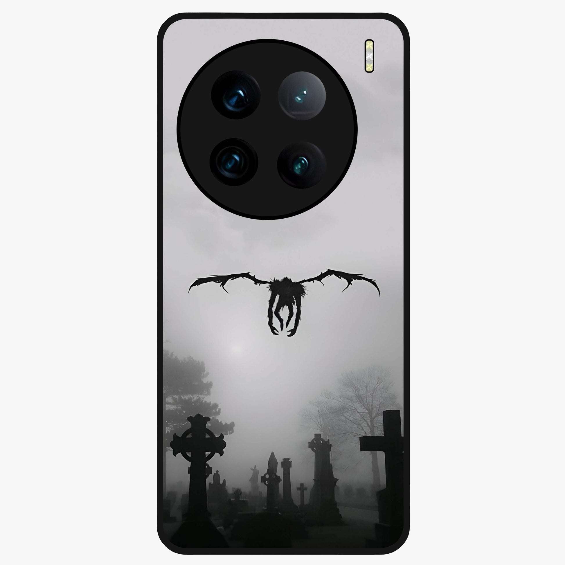 Graveyard Shadow Descent Glass Case showing flat back view with dark graveyard themed artwork and glossy glass finish.