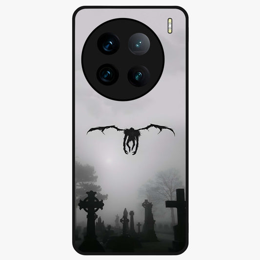 Graveyard Shadow Descent Glass Case showing flat back view with dark graveyard themed artwork and glossy glass finish.