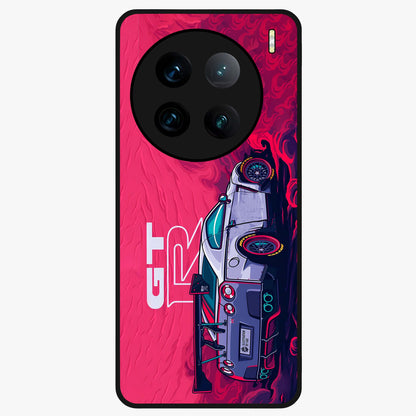 GT-R Car Pattern Glass Case showing flat back view with sporty car inspired pattern artwork and glossy glass finish.