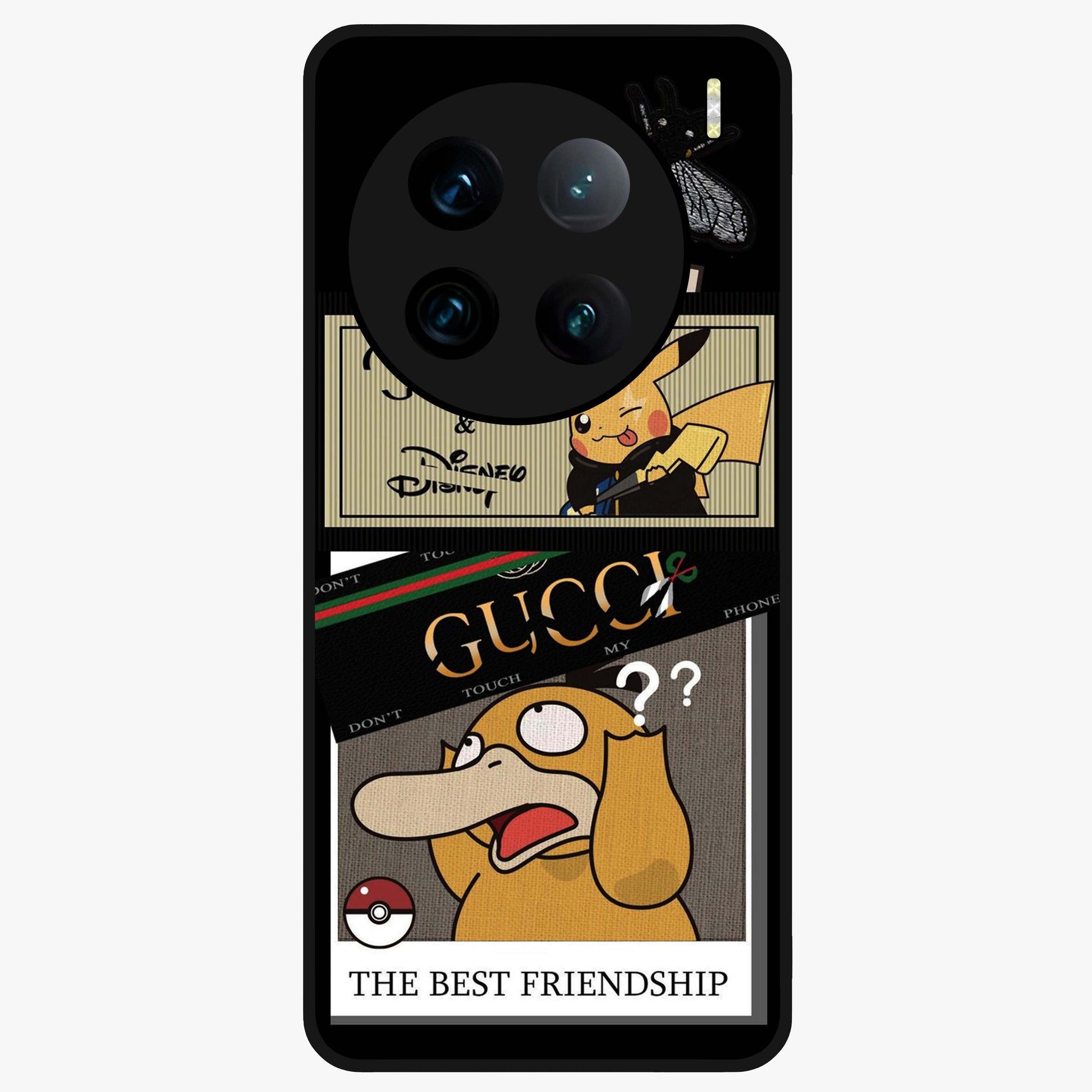 Gucci Play Mashup Glass Case showing flat back view with luxury inspired graphic artwork and glossy glass finish.