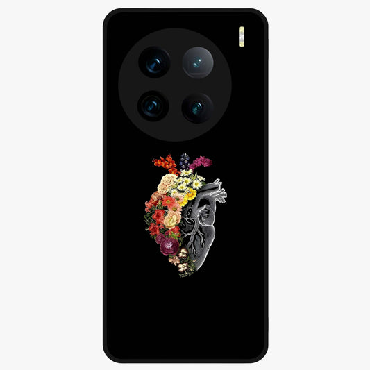 Heart With Flowers Glass Case showing flat back view with heart shaped floral artwork and glossy glass finish.