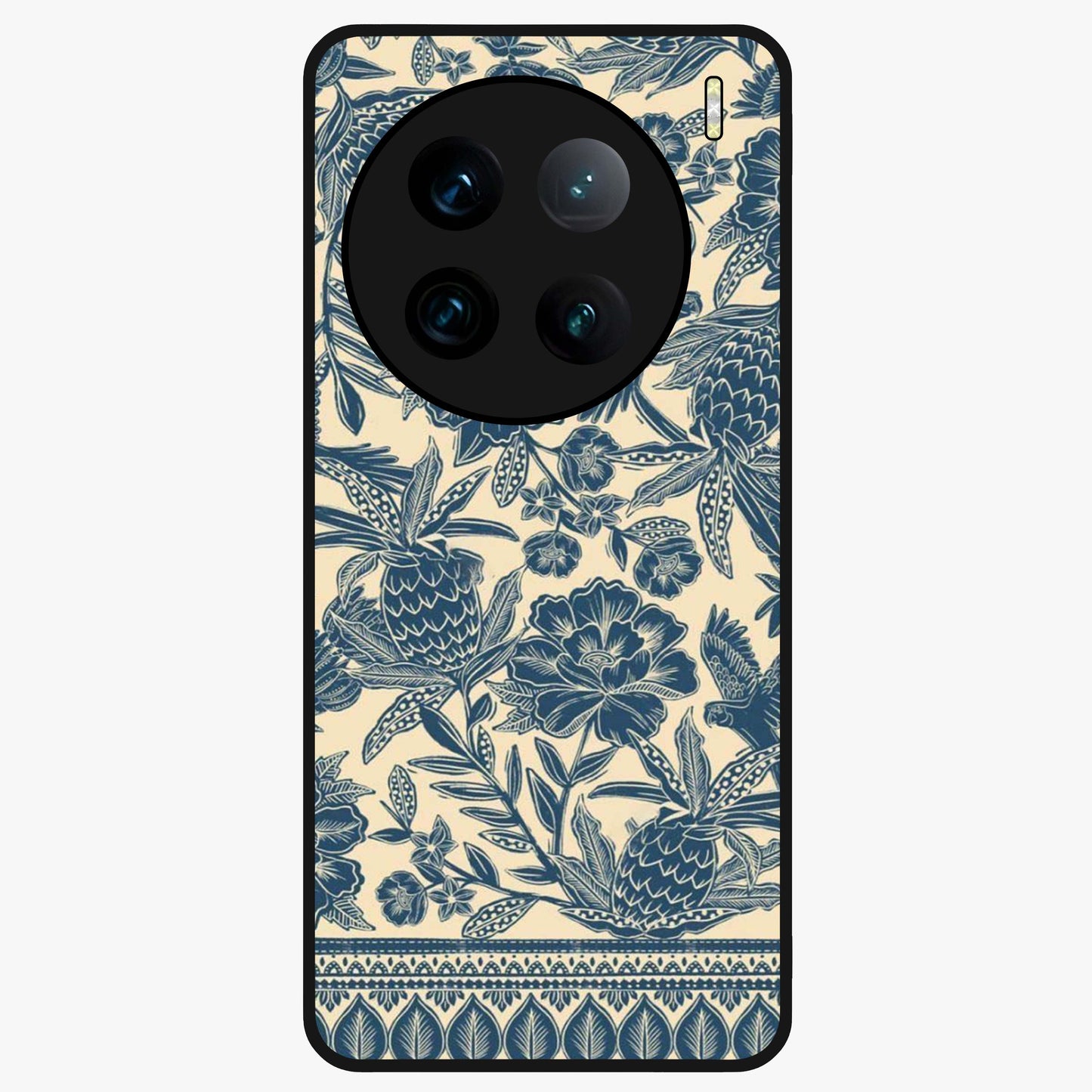 Heirloom Wild Bloom Glass Case showing flat back view with vintage inspired wild flower artwork and glossy glass finish.