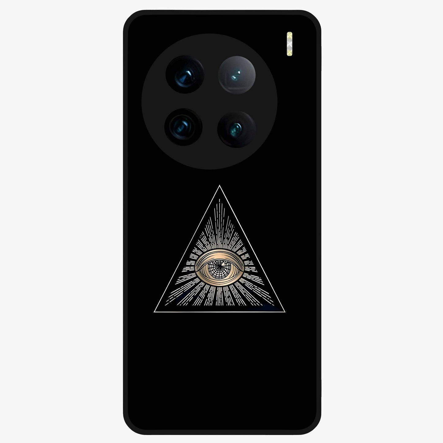 Illuminati Evil Glass Case showing flat back view with mysterious illuminati symbol artwork and glossy glass finish.