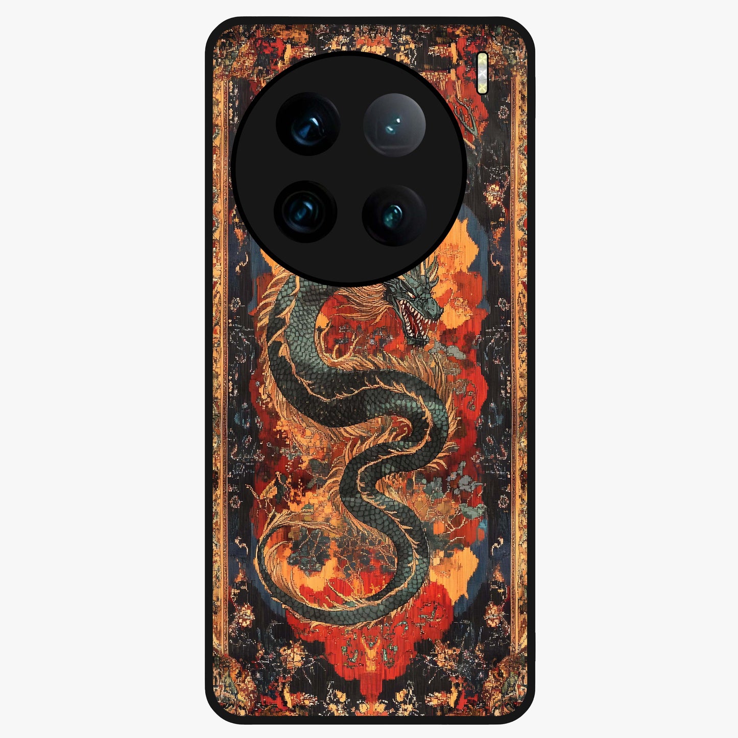 Inferno Dragon Soul Glass Case showing flat back view with fiery dragon artwork and glossy glass finish.