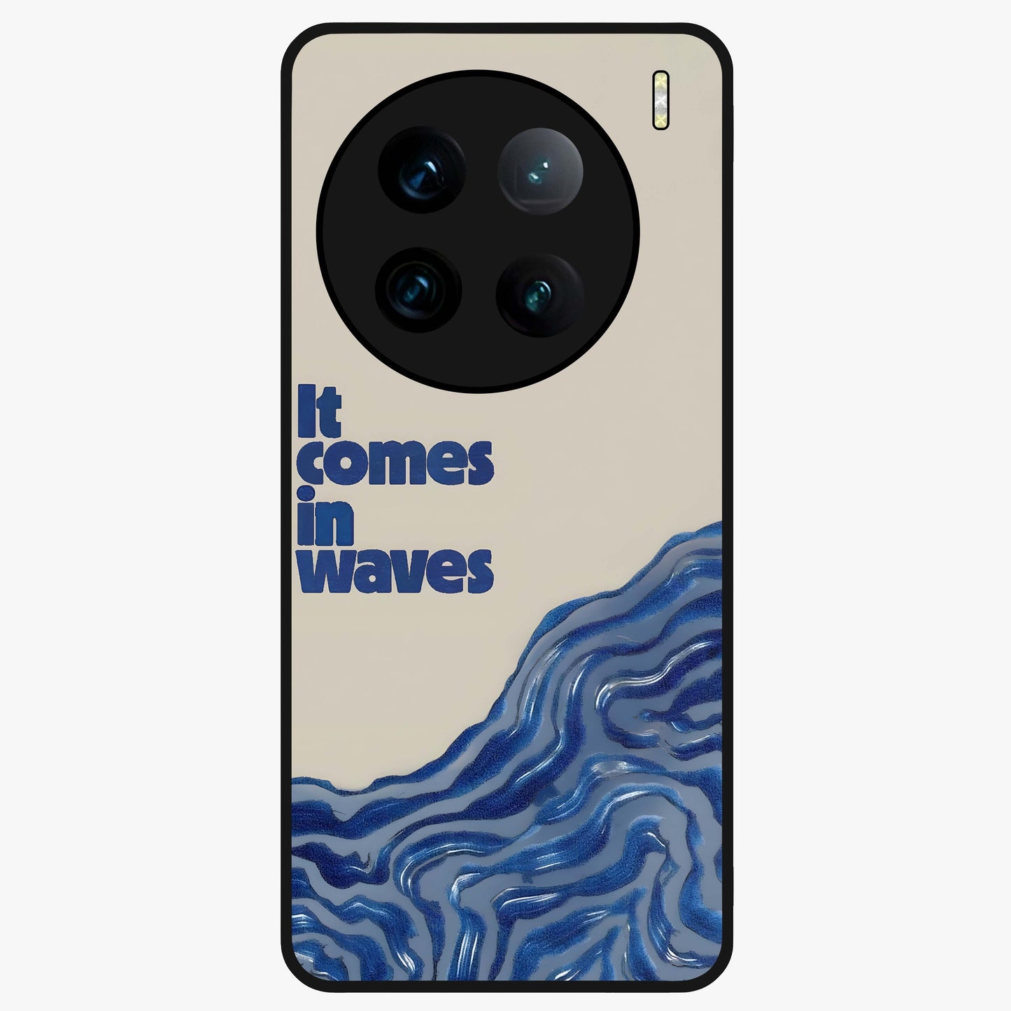 It Comes In Waves Quote Glass Case showing flat back view with inspirational wave themed quote artwork and glossy glass finish.