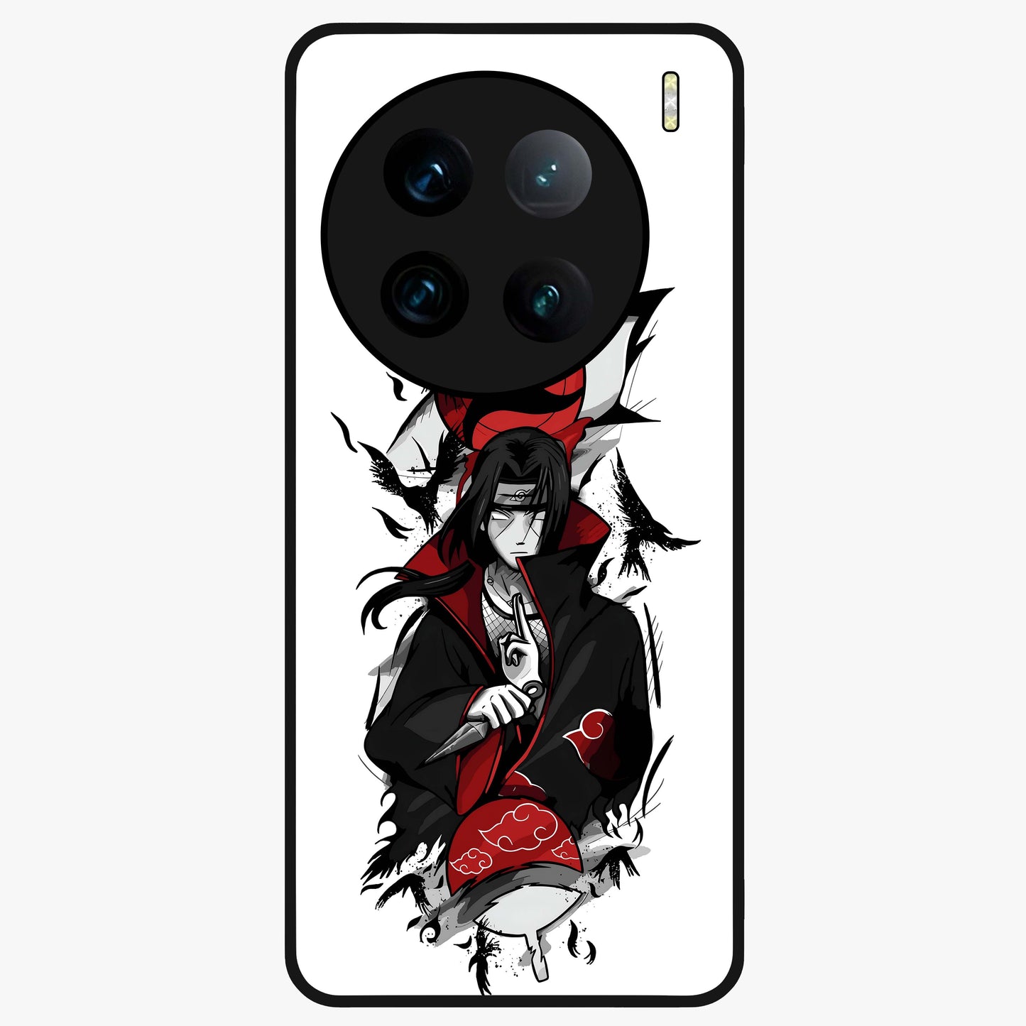 Itachi Sharingan Glass Case showing flat back view with powerful anime eye artwork and glossy glass finish.