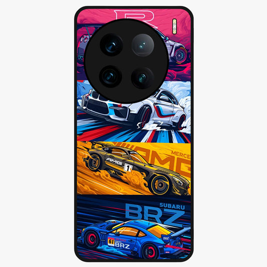 JDM Sports Car Glass Case showing flat back view with high performance sports car artwork and glossy glass finish.