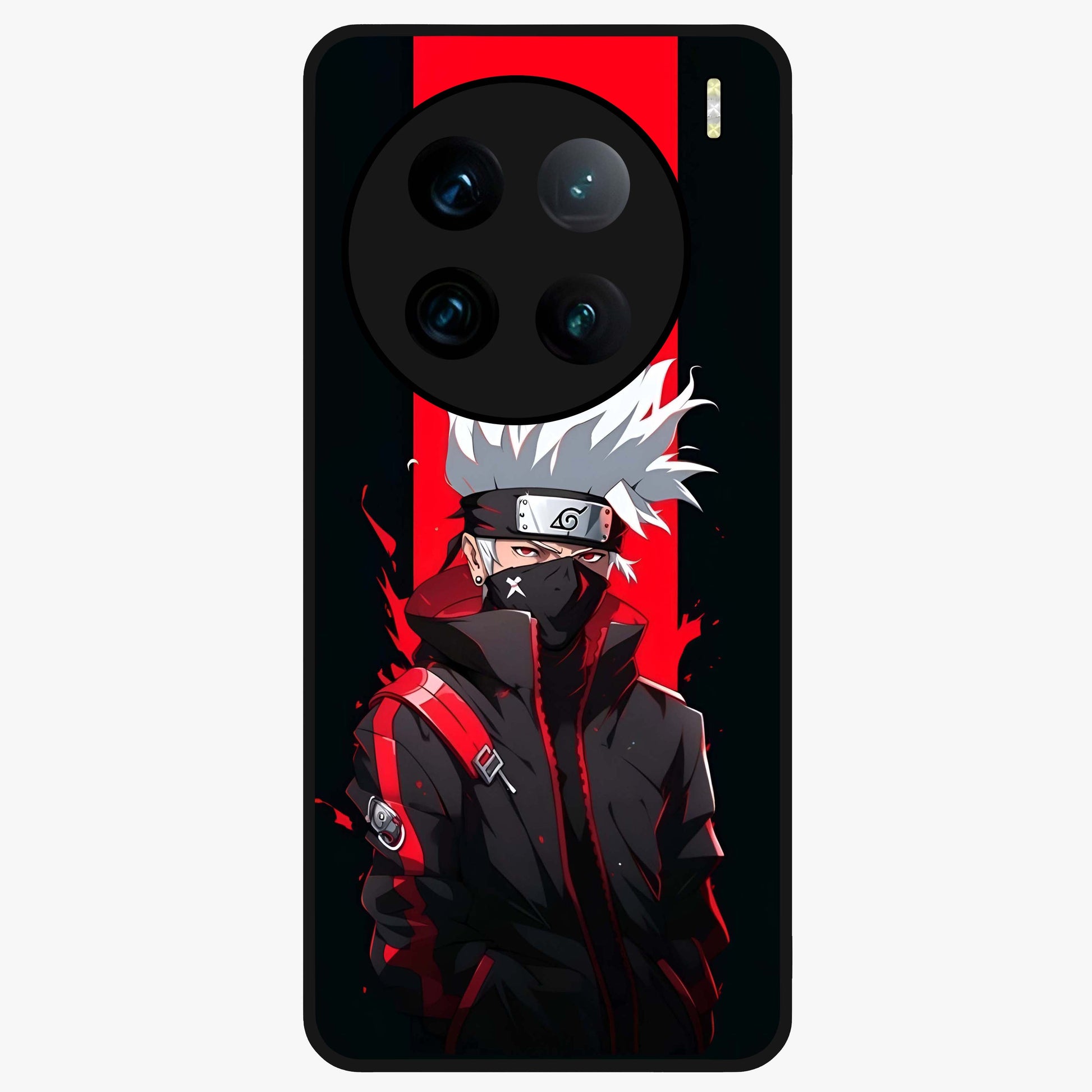 Kakashi Scarlet Shadow Glass Case showing flat back view with powerful anime ninja artwork and glossy glass finish.