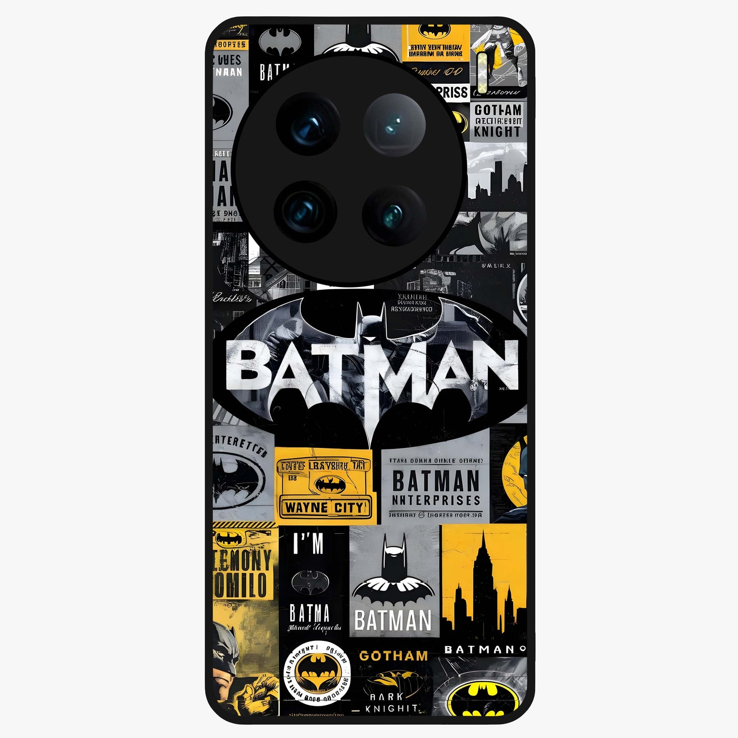 Knight Gotham Rise Glass Case showing flat back view with dark hero inspired artwork and glossy glass finish.