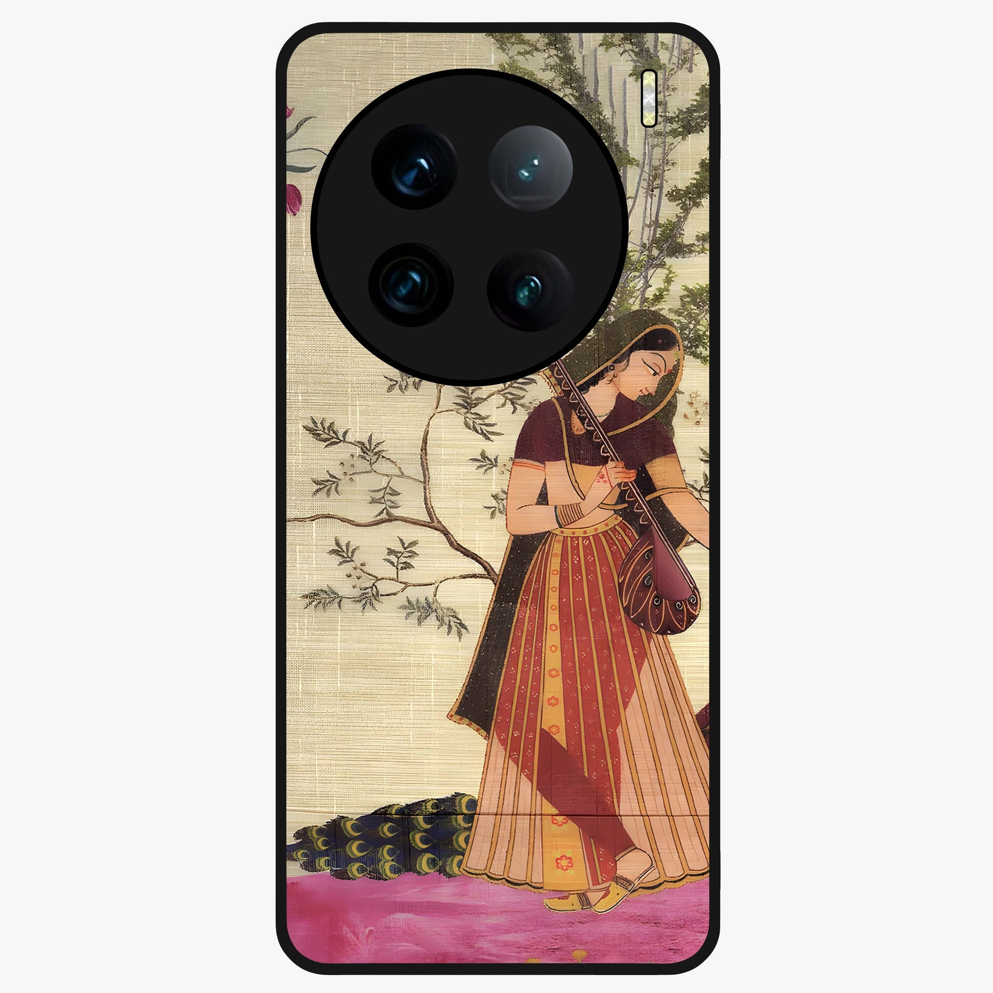 Lady With Veena Art Glass Case showing flat back view with elegant woman playing veena artwork and glossy glass finish.