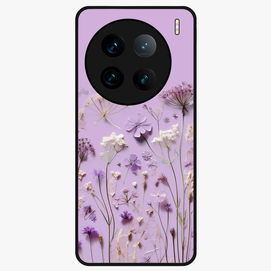 Lavender Blossom Dream Glass Case showing flat back view with soft lavender floral artwork and glossy glass finish.
