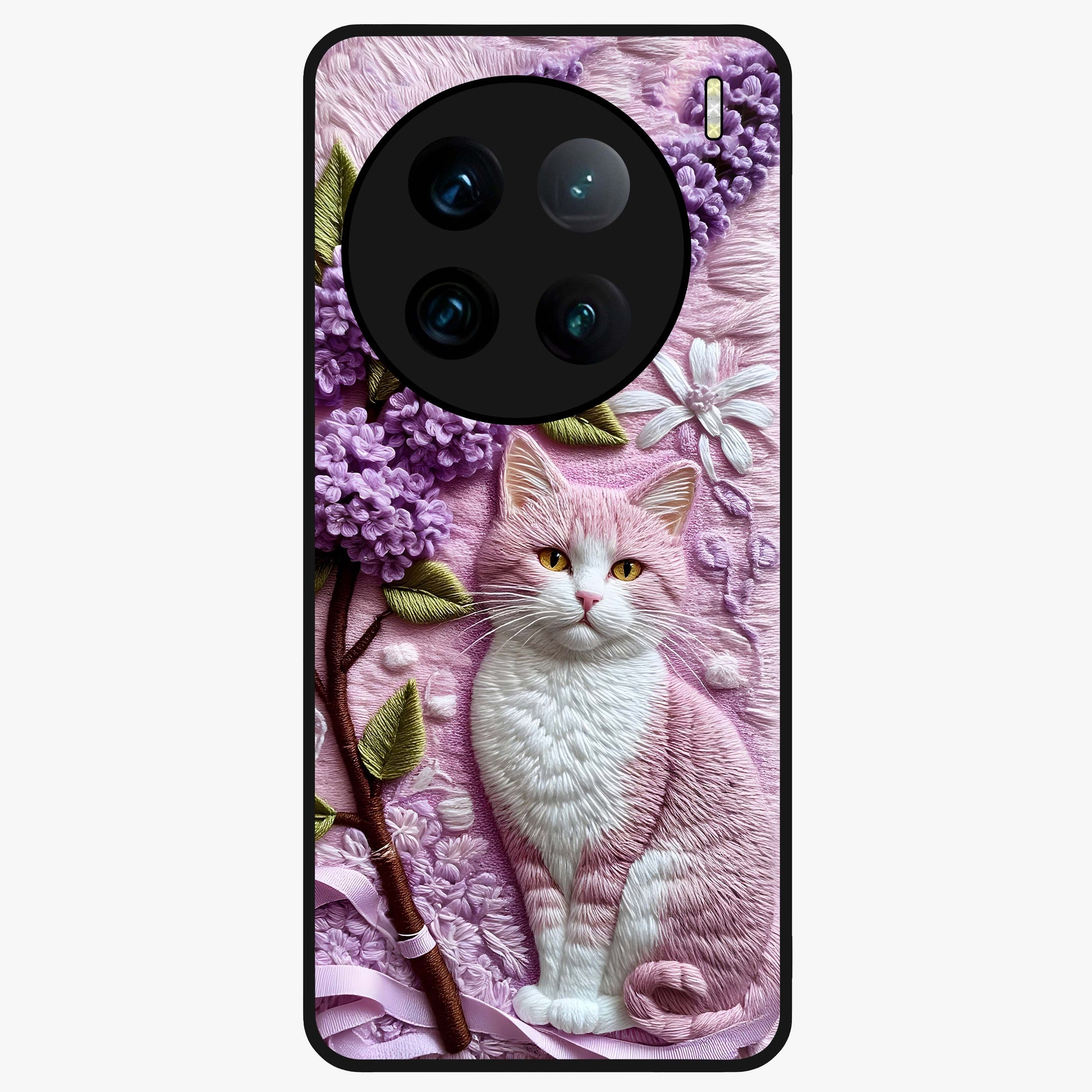 Lavender Cat Whimsy Glass Case showing flat back view with cute lavender cat artwork and glossy glass finish.