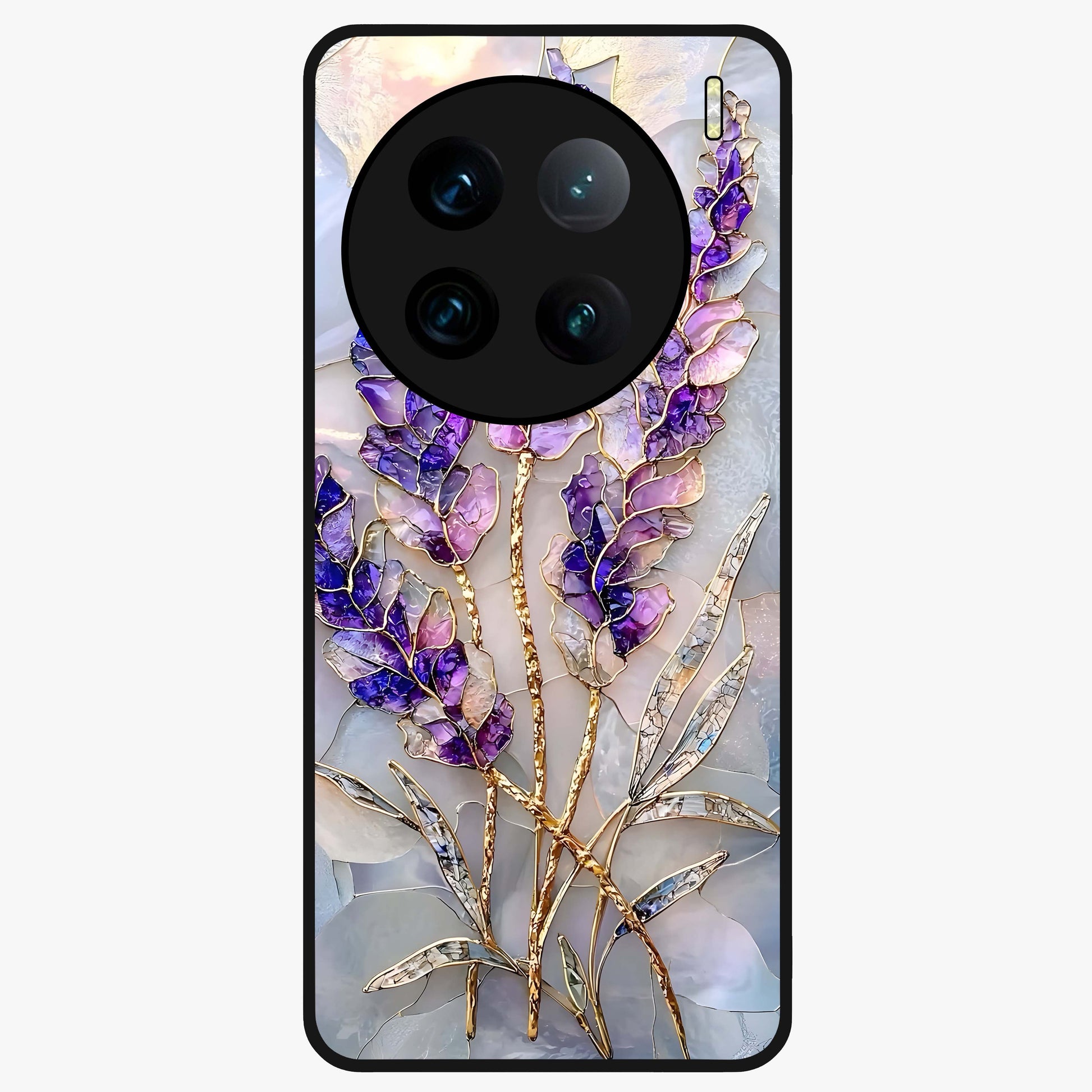 Lavender Dream Glow Glass Case showing flat back view with glowing lavender aesthetic artwork and glossy glass finish.