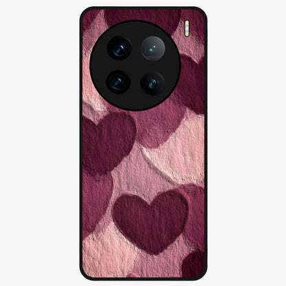 Layered Paper Hearts Glass Case showing flat back view with layered paper heart artwork and glossy glass finish.