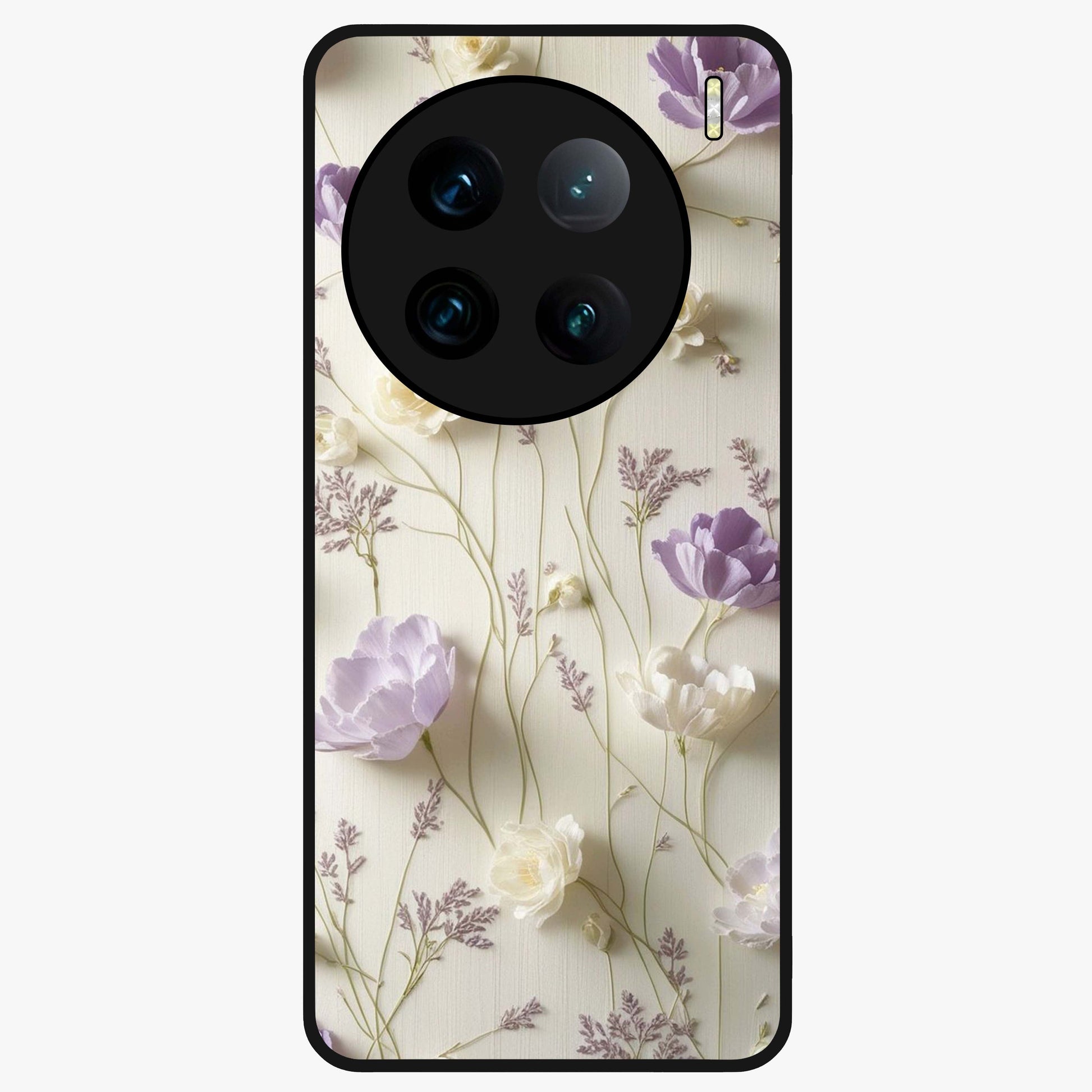 Lilac Breeze Harmony Glass Case showing flat back view with soft lilac themed artwork and glossy glass finish.