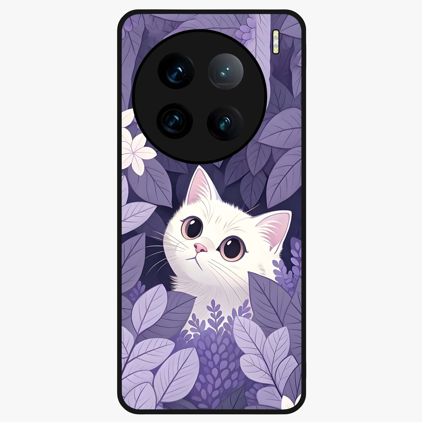 Lilac Hide Peek Cat Glass Case showing flat back view with cute peeking cat artwork and glossy glass finish.