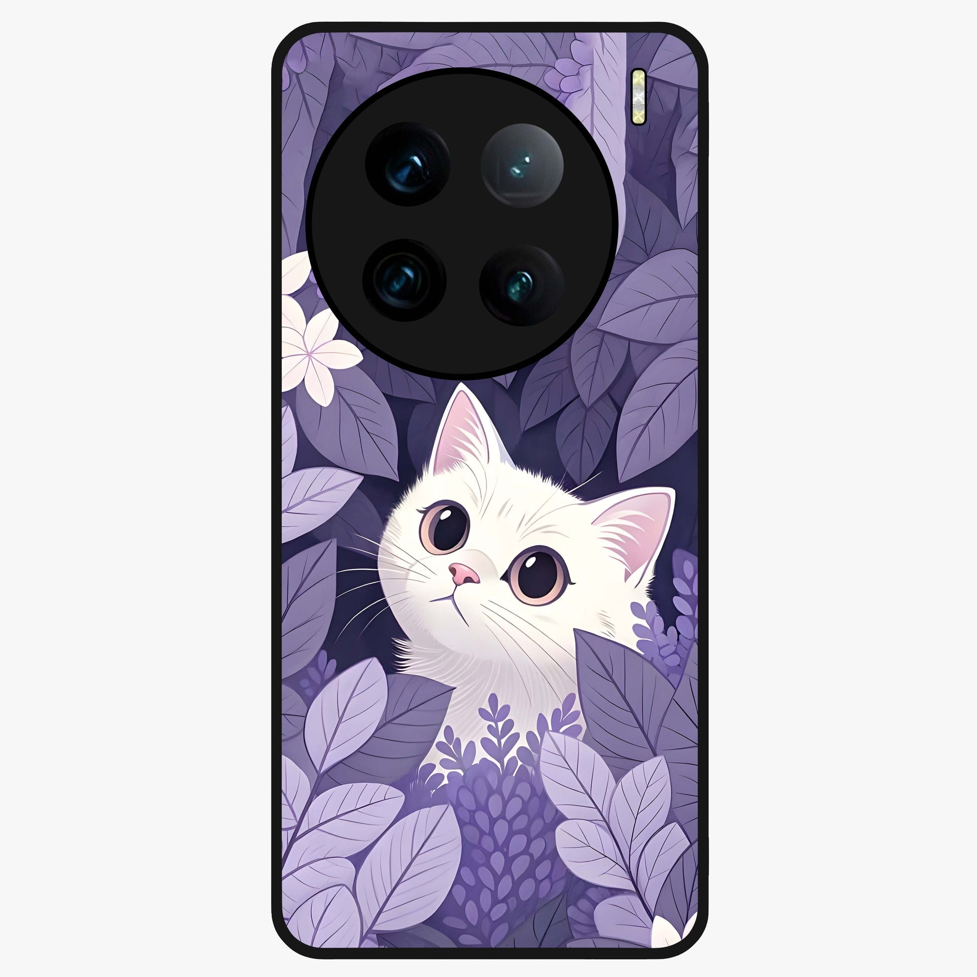Lilac Hide Peek Cat Glass Case showing flat back view with cute peeking cat artwork and glossy glass finish.