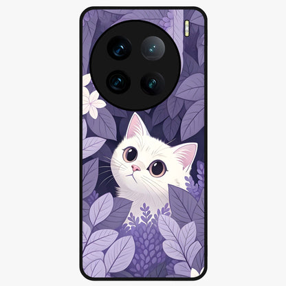 Lilac Hide Peek Cat Glass Case showing flat back view with cute peeking cat artwork and glossy glass finish.