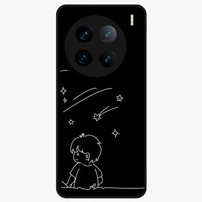 Line Art Boy With Shooting Stars Glass Case showing flat back view with minimal line art boy and shooting stars illustration and glossy glass finish.