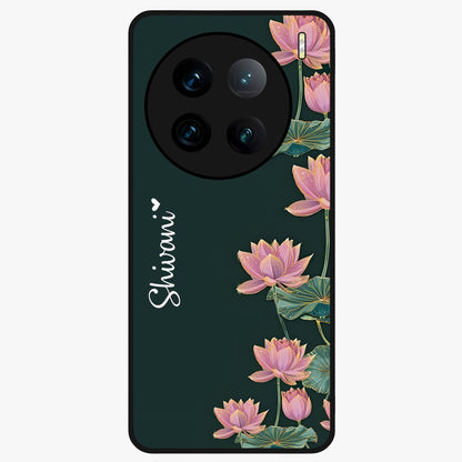 Lotus Bloom Serenity Custom Name Glass Case showing flat back view with elegant lotus flower artwork and personalized name design.
