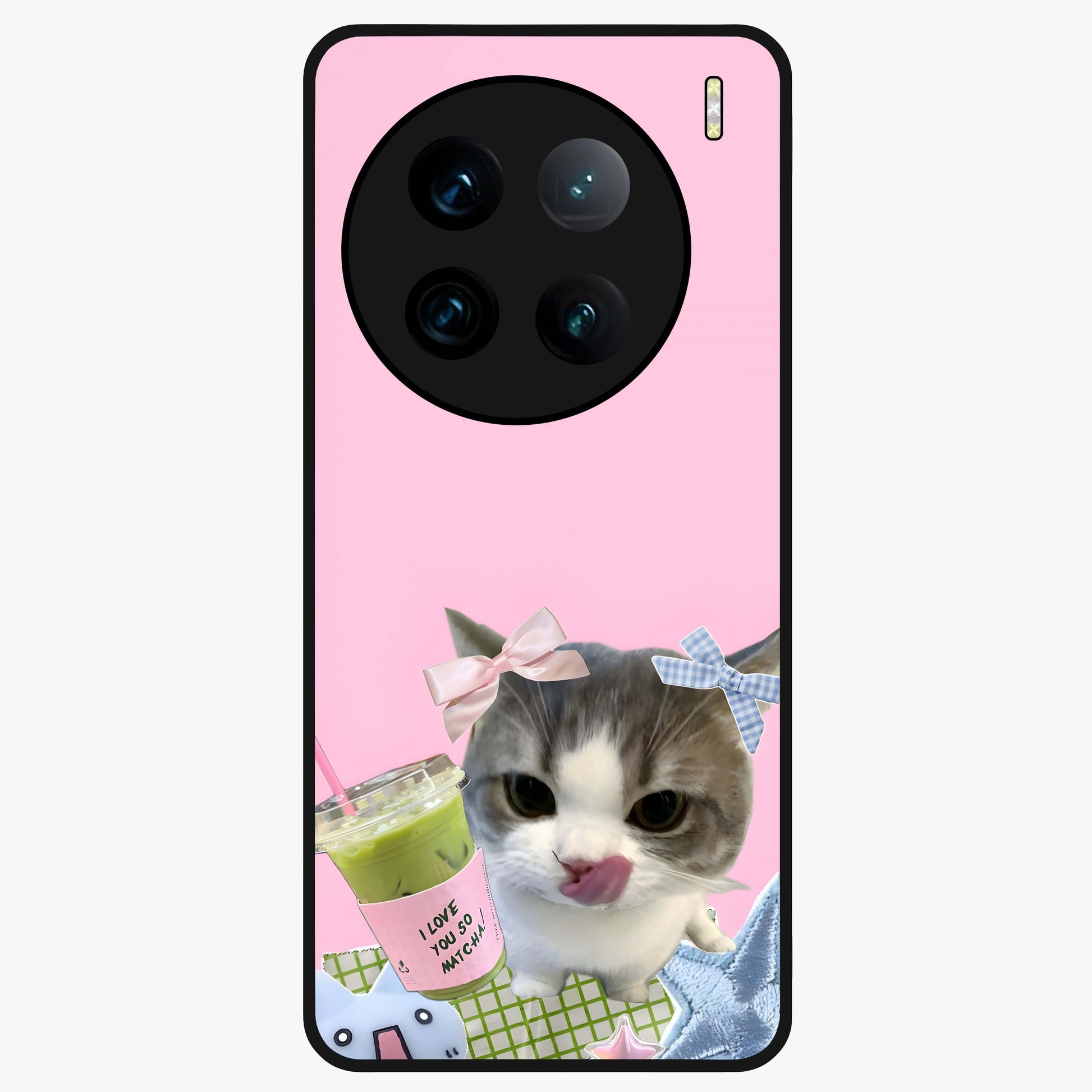 Love Matcha Cat Glass Case showing flat back view with cute cat and matcha themed artwork and glossy glass finish.