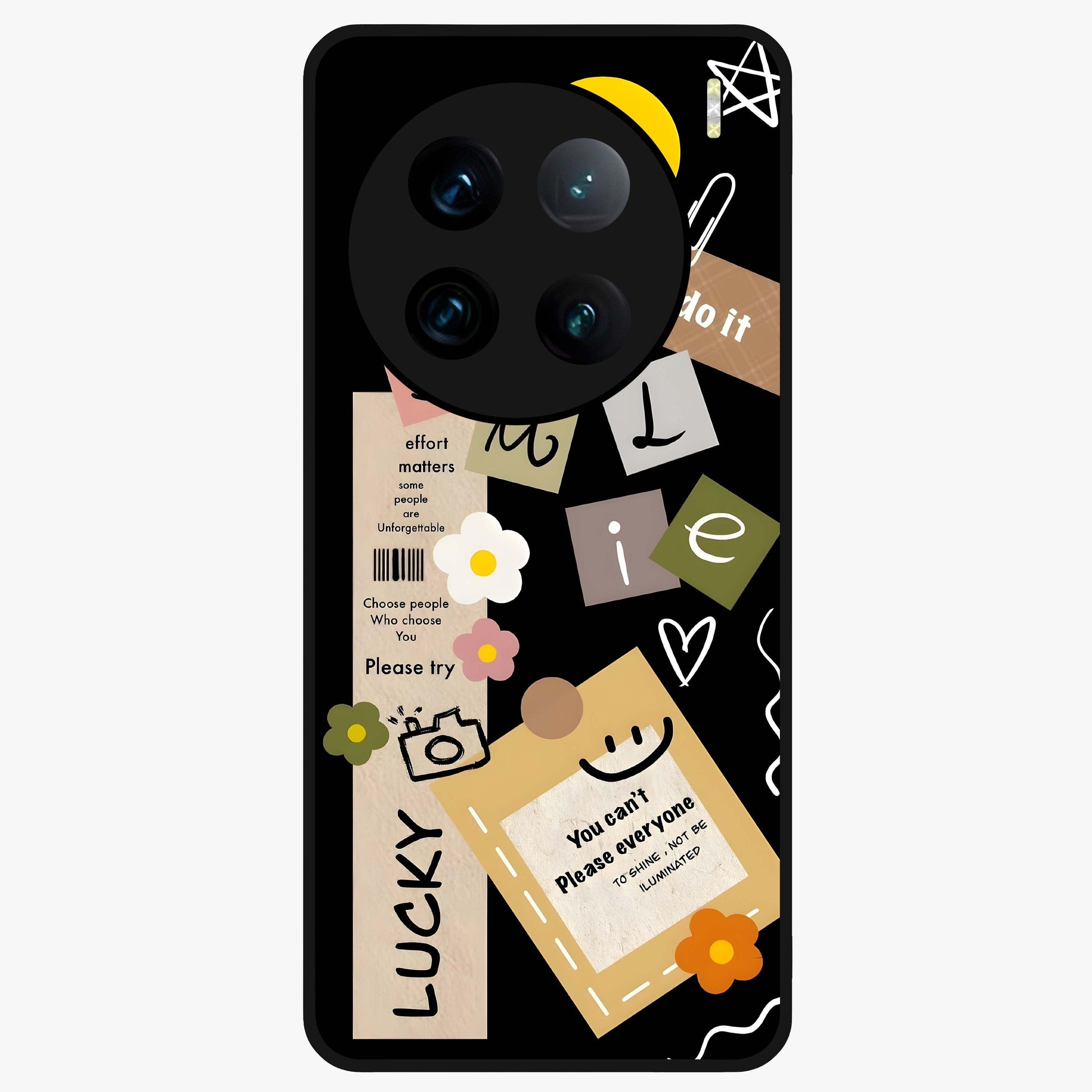 Lucky Aesthetic Collage Glass Case showing flat back view with trendy aesthetic collage artwork and glossy glass finish.