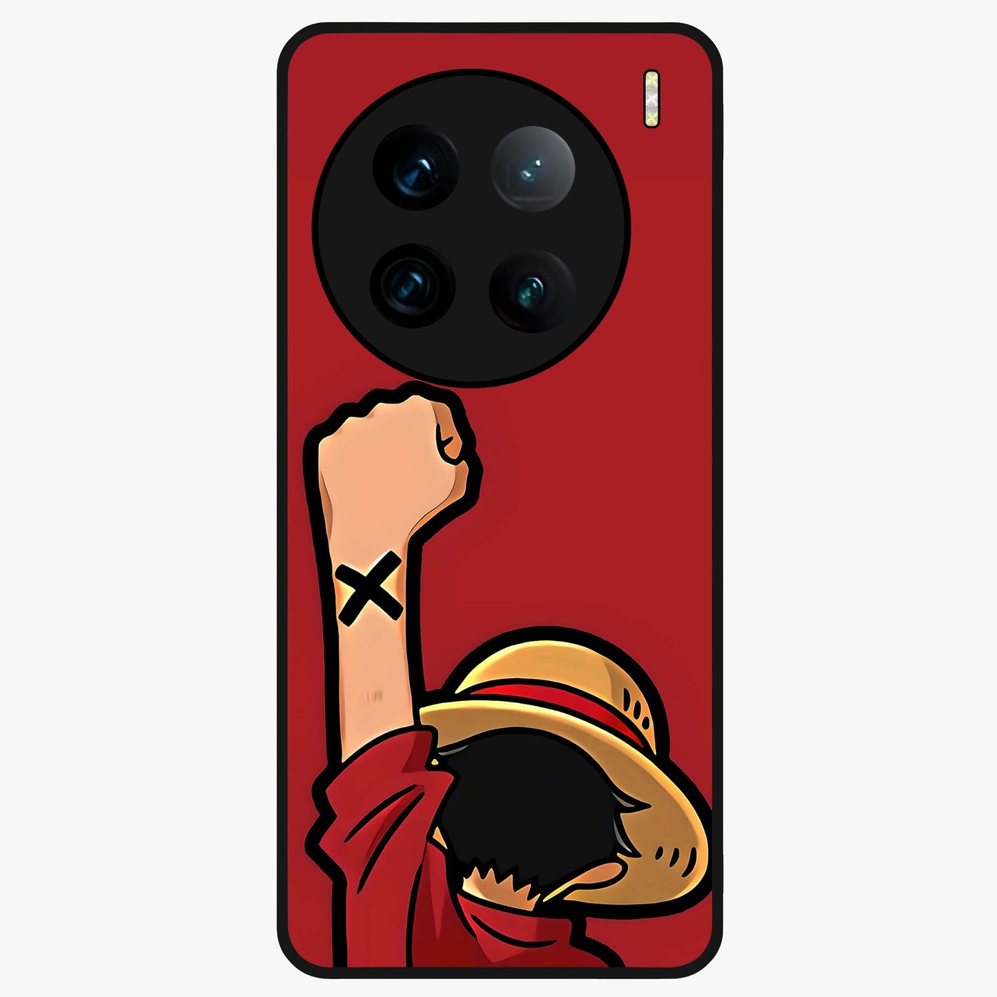 Luffy X Spirit Glass Case showing flat back view with bold anime character artwork and glossy glass finish.