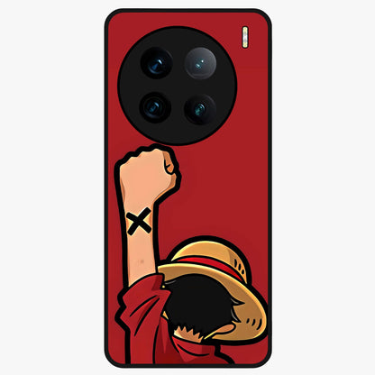 Luffy X Spirit Glass Case showing flat back view with bold anime character artwork and glossy glass finish.