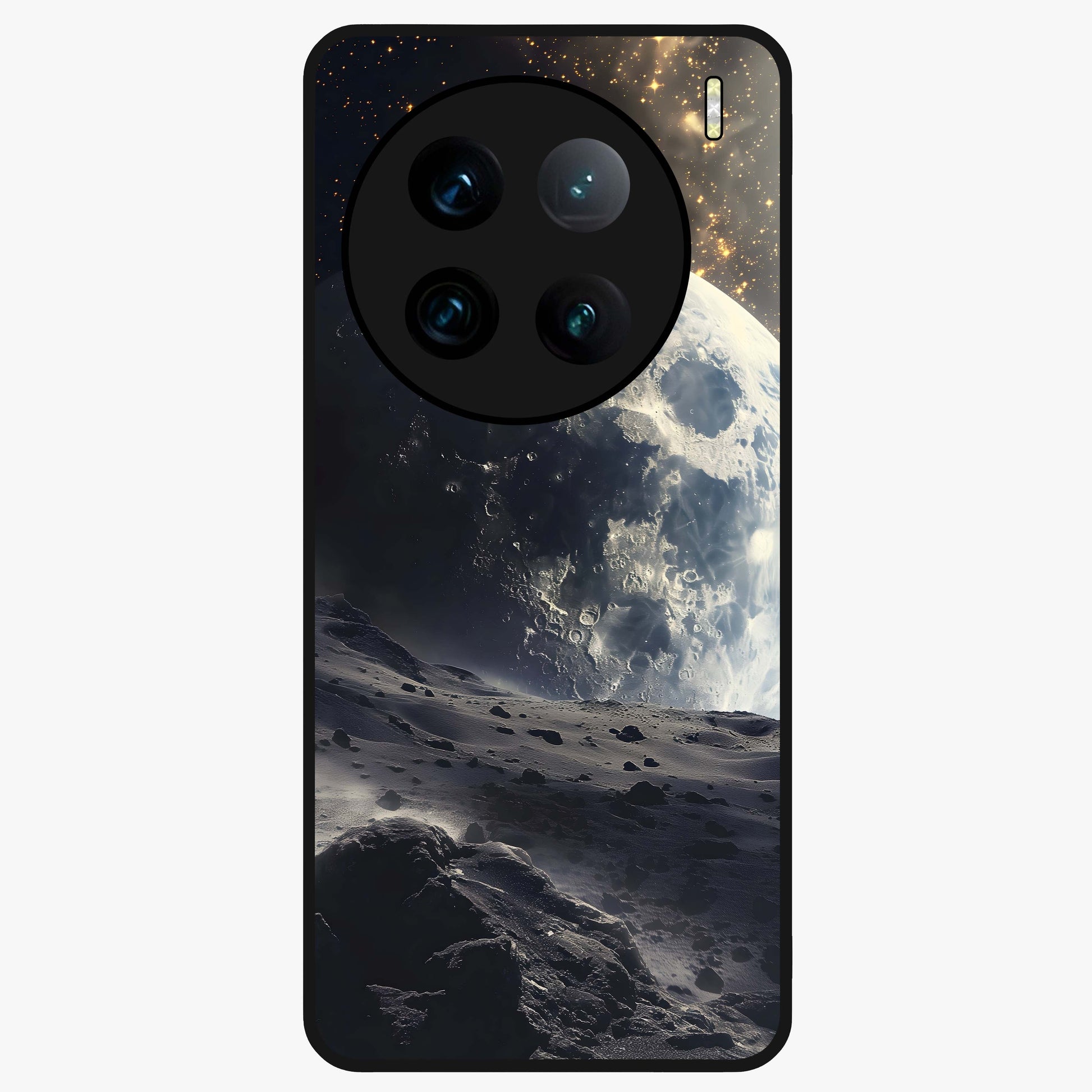 Lunar Horizon Glow Glass Case showing flat back view with glowing moon horizon artwork and glossy glass finish.