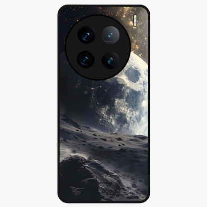 Lunar Horizon Glow Glass Case showing flat back view with glowing moon horizon artwork and glossy glass finish.
